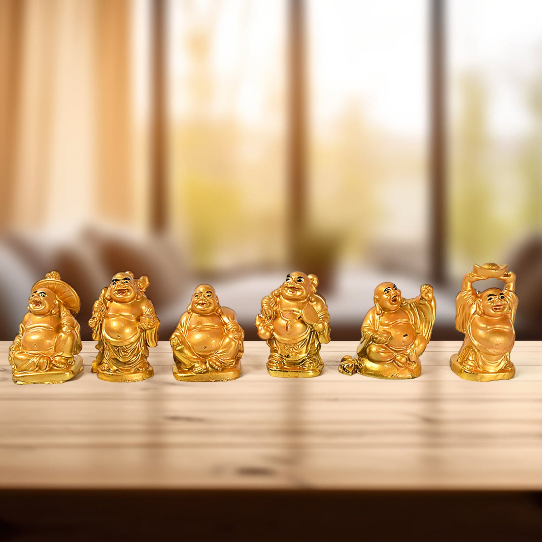 Golden Laughing Buddha Set Of Six Pieces Statue For Happiness, Wealth & Good luck Decor For Wealth and Success (6 Pcs Set) - Shopmania Wholesale