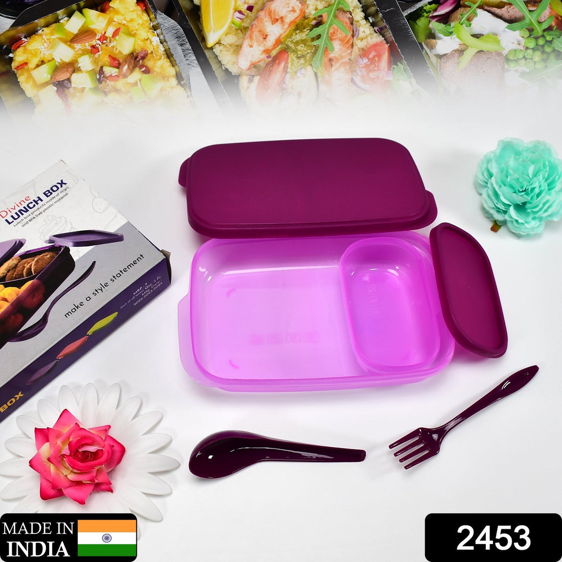 Unbreakable plastic lunch box with leak-proof design.