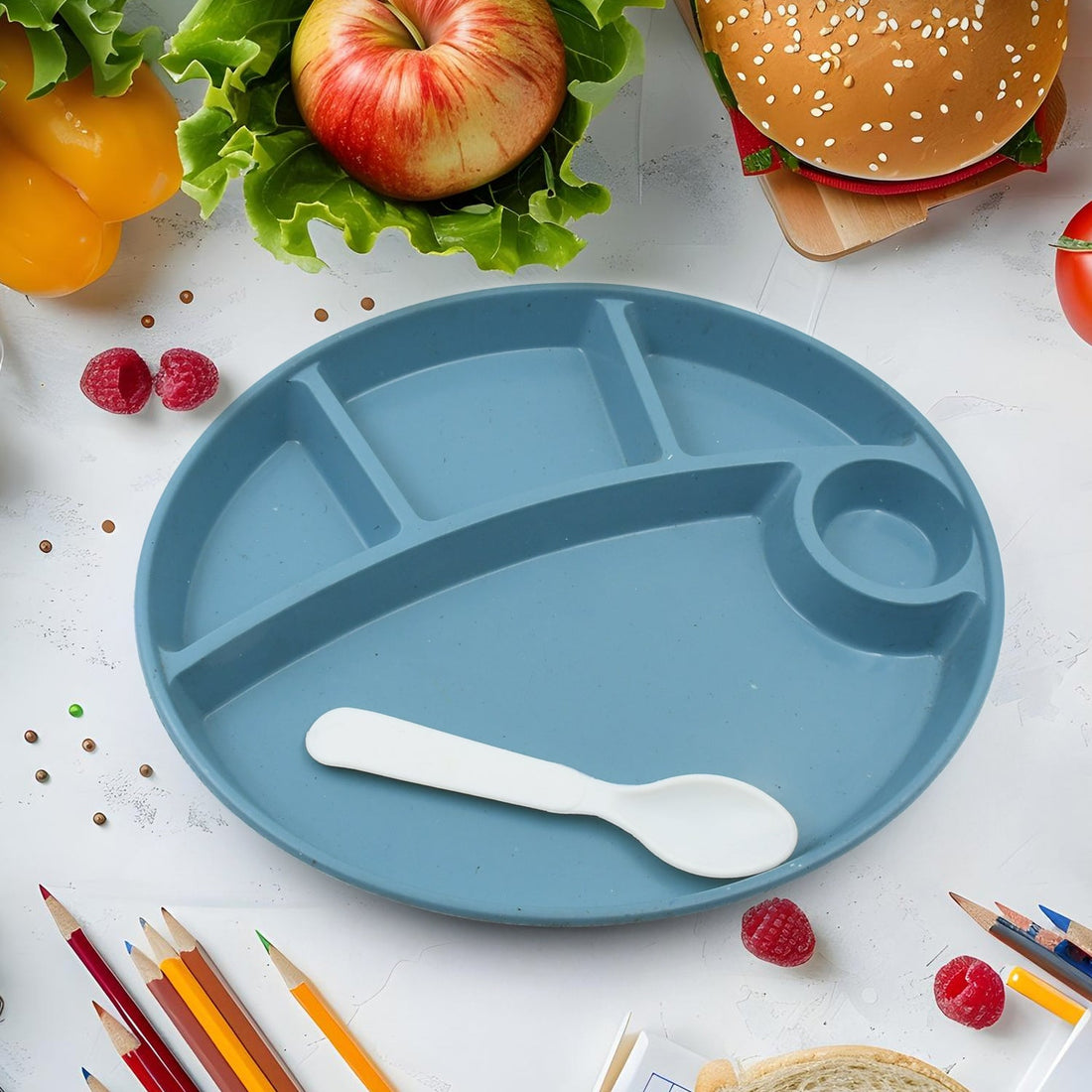Plastic Food Plates / Biodegradable 5 Compartment Plate With Spoon for Food Snacks / Nuts / Desserts Plates for Kids, Reusable Plates for Outdoor, Camping, BPA-free (1 Pc) - Shopmania Wholesale