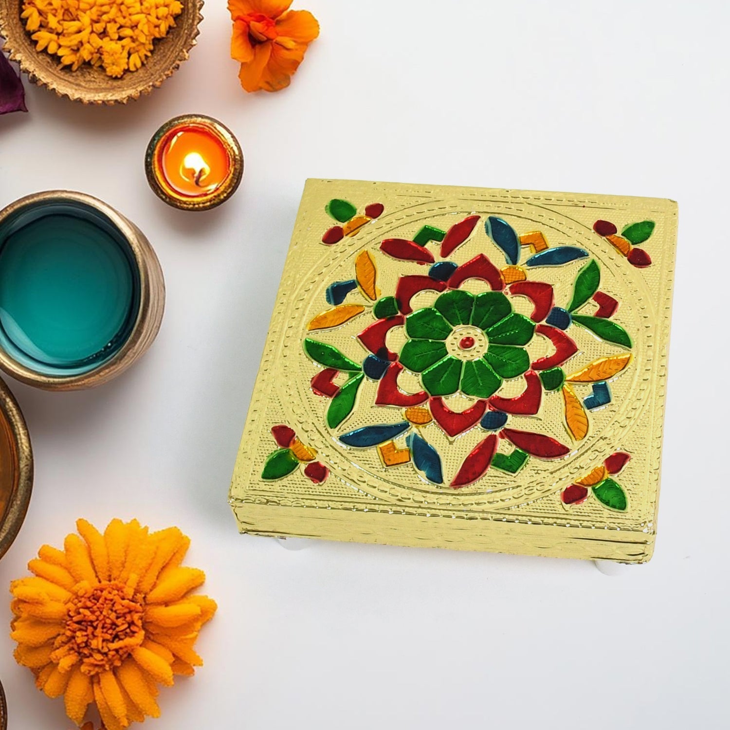 Handicraft Wood Chowki for Pooja , Wooden Bajot for Sitting, Multipurpose Stool (Multi color) (1 Pc) your brand