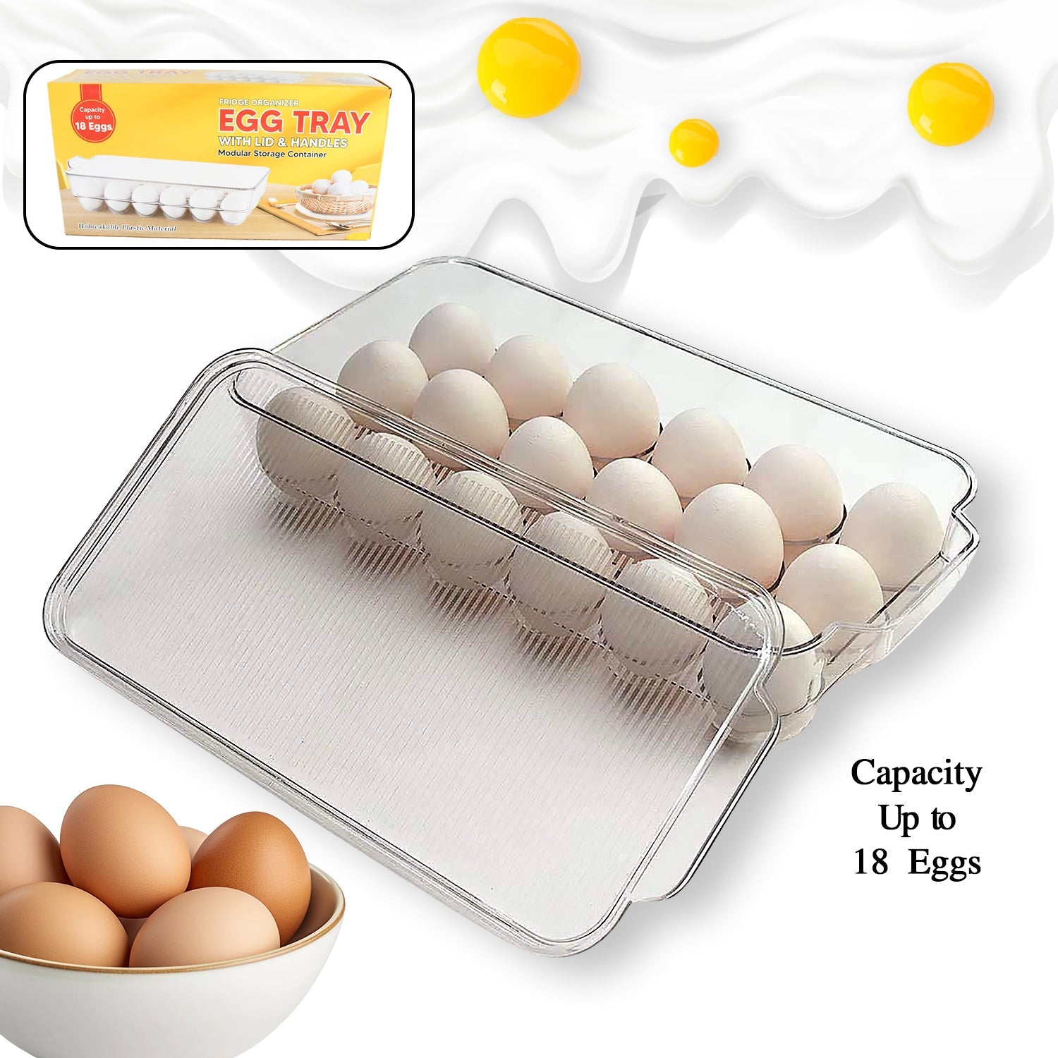 Plastic 18 Cavity Egg Storage Box Or Egg Trays For Refrigerator With Lid & Handles High Quality, Rectangular Egg Tray Box For 18 Egg (1 Pc) - Shopmania Wholesale
