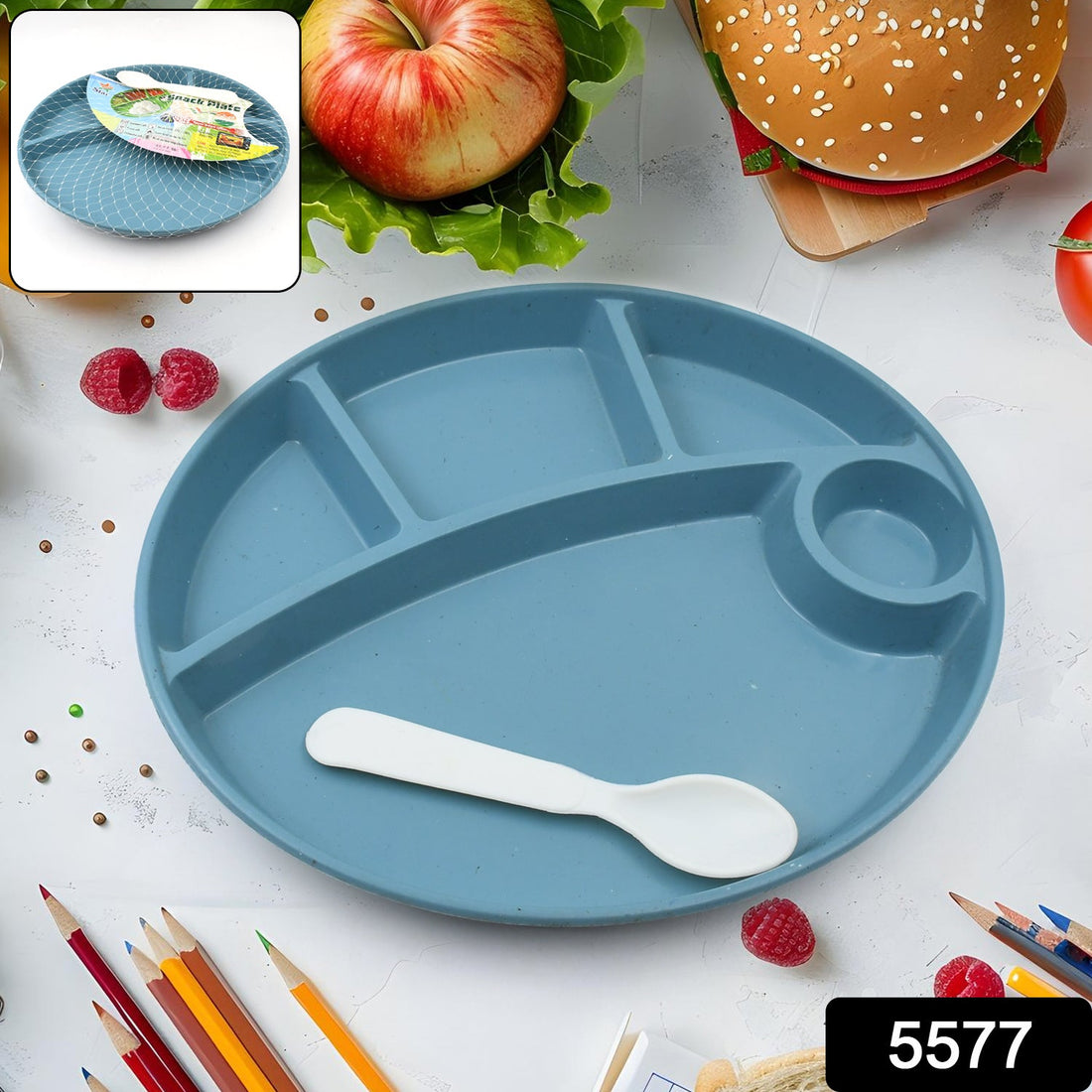 Plastic Food Plates / Biodegradable 5 Compartment Plate With Spoon for Food Snacks / Nuts / Desserts Plates for Kids, Reusable Plates for Outdoor, Camping, BPA-free (1 Pc) - Shopmania Wholesale