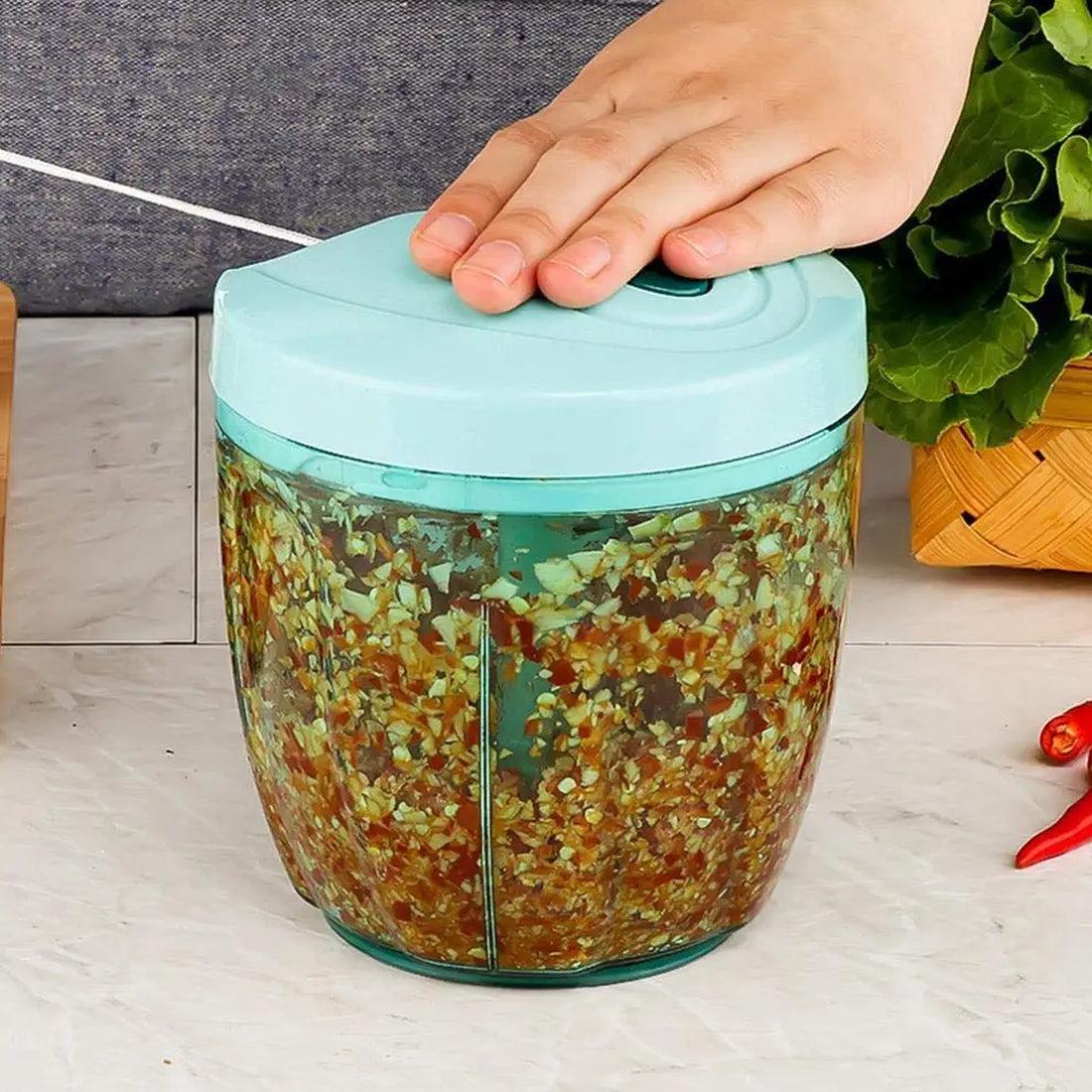 6 blade 2-in-1 manual food chopper, compact and powerful