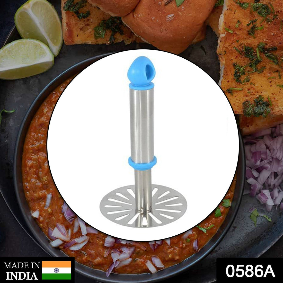 Stainless steel potato masher, perfect for mashing potatoes and pav bhaji.