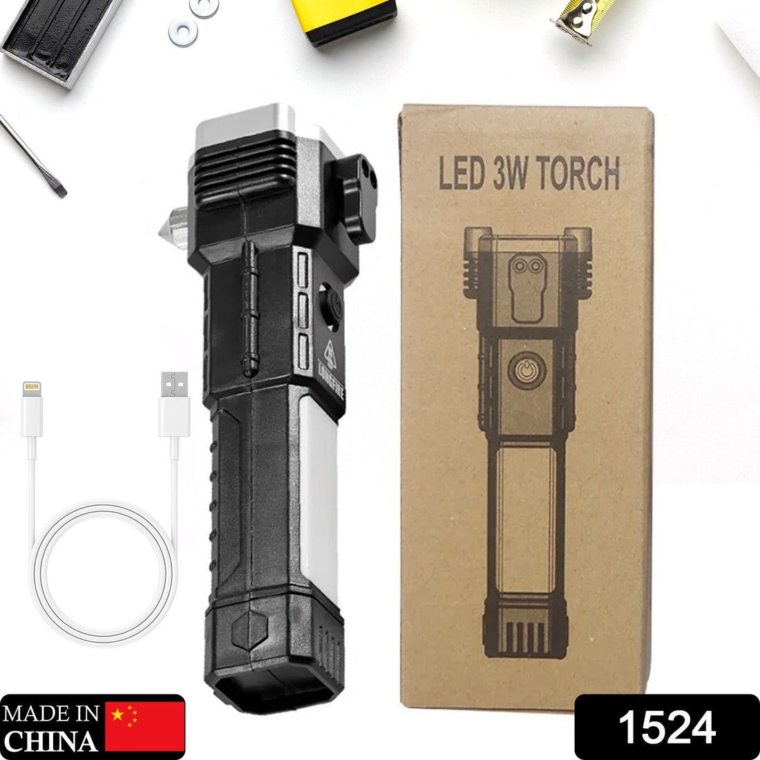 Portable 3w Rechargeable Torch LED Flashlight Long Distance Beam Range, Hammer and Strong Magnets, Window Glass and Seat Belt Cutter 4 Modes for Car Camping Hiking Indoor Outdoor - Shopmania Wholesale