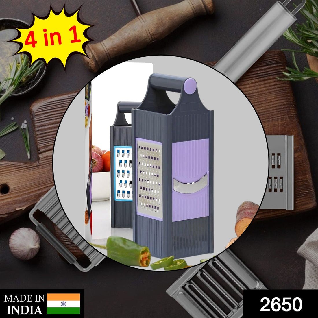 Four-in-one plastic grater and slicer for versatile kitchen use