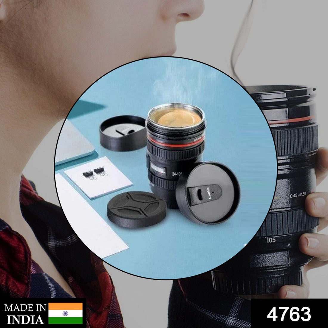 Camera lens shaped stainless steel coffee mug, showcasing its detailed design and metal finish