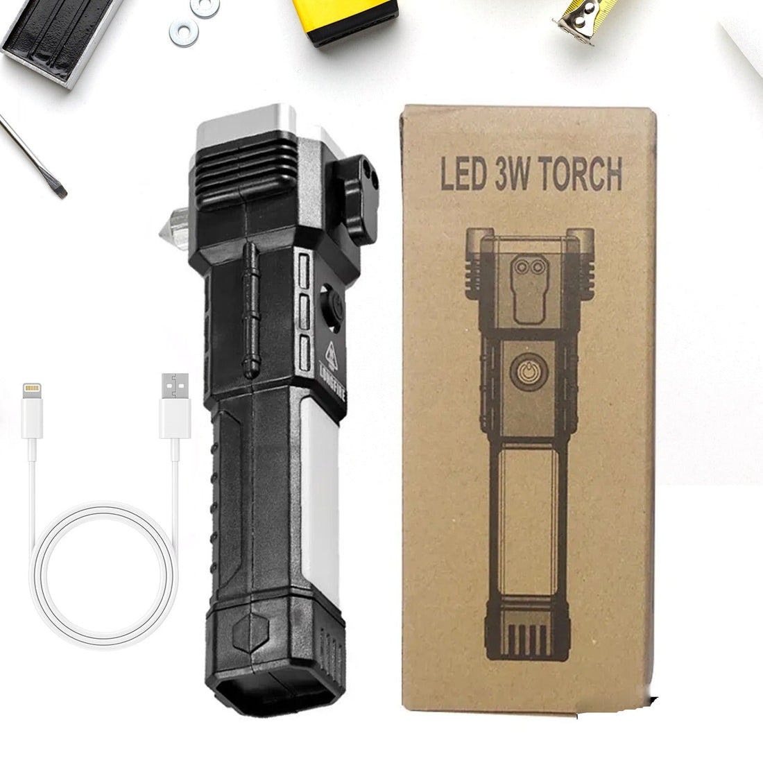 Portable 3w Rechargeable Torch LED Flashlight Long Distance Beam Range, Hammer and Strong Magnets, Window Glass and Seat Belt Cutter 4 Modes for Car Camping Hiking Indoor Outdoor - Shopmania Wholesale
