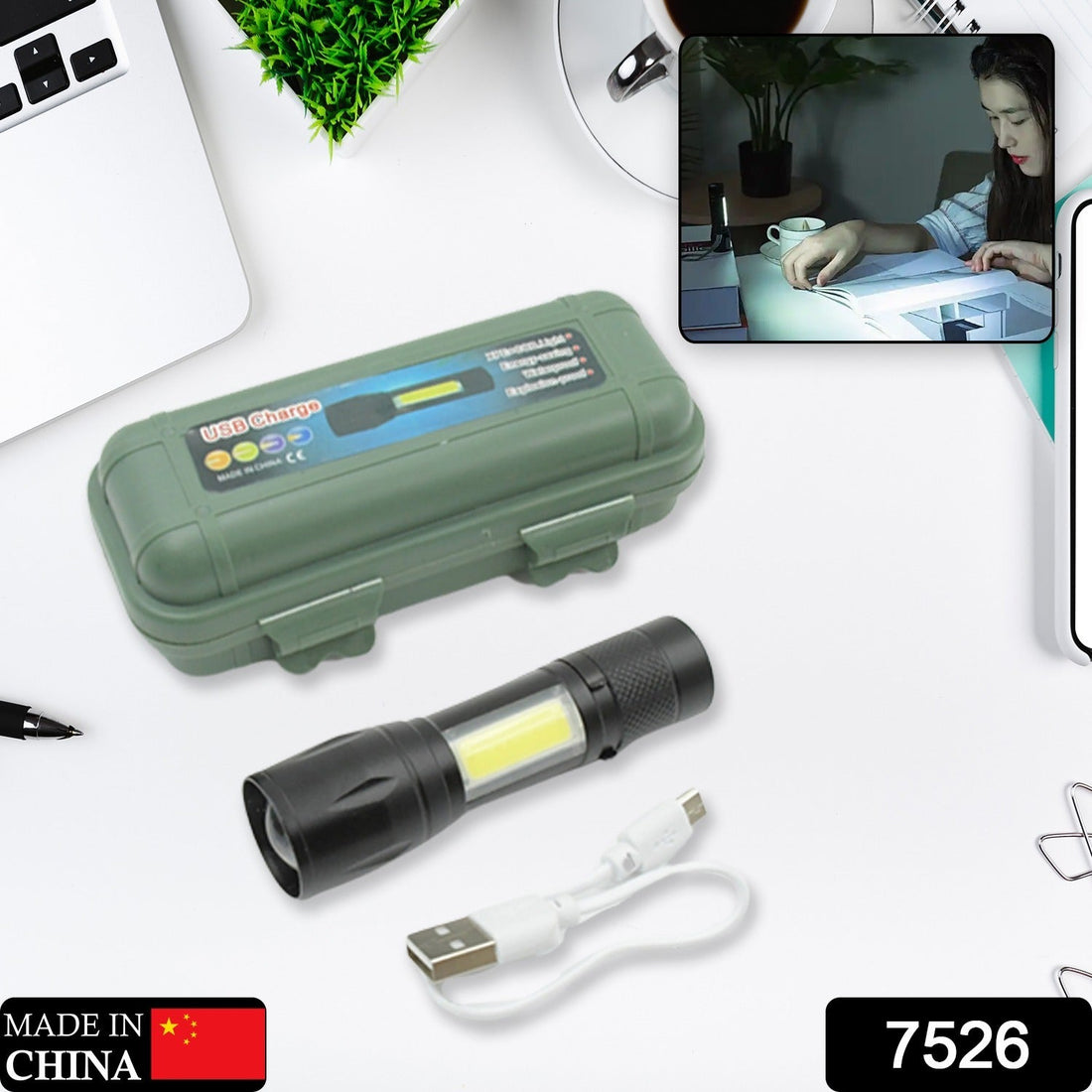 Rechargeable USB mini flashlight with zoom feature and COB side lantern.