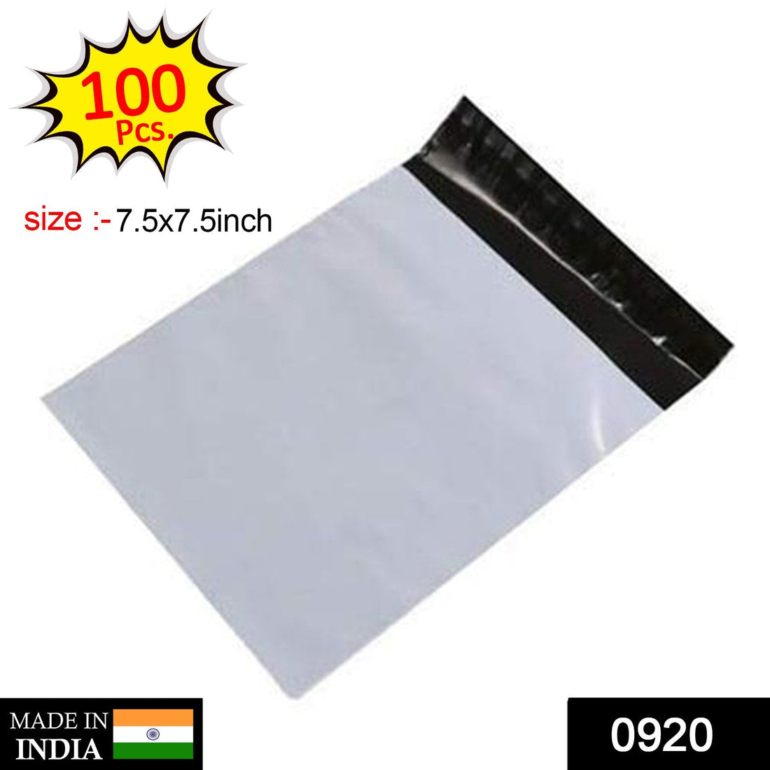 Pack of 100 tamper-proof courier bags, size 7.5X7.5 inches, displaying their design and packing