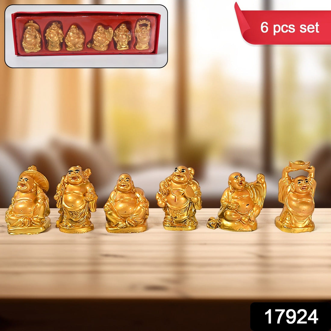 Golden Laughing Buddha Set Of Six Pieces Statue For Happiness, Wealth & Good luck Decor For Wealth and Success (6 Pcs Set) - Shopmania Wholesale