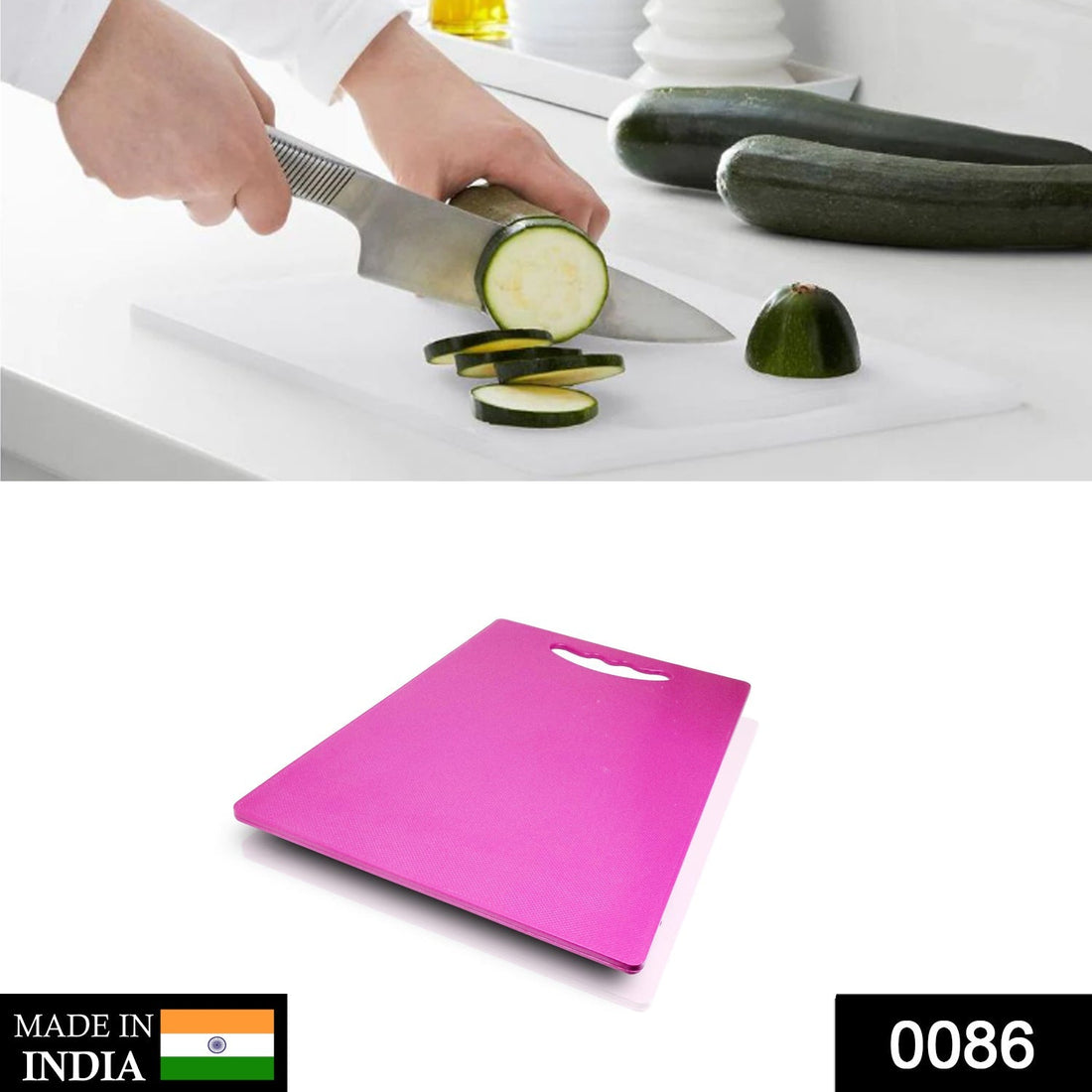 Plastic cutting board for kitchen use, ideal for chopping and slicing.
