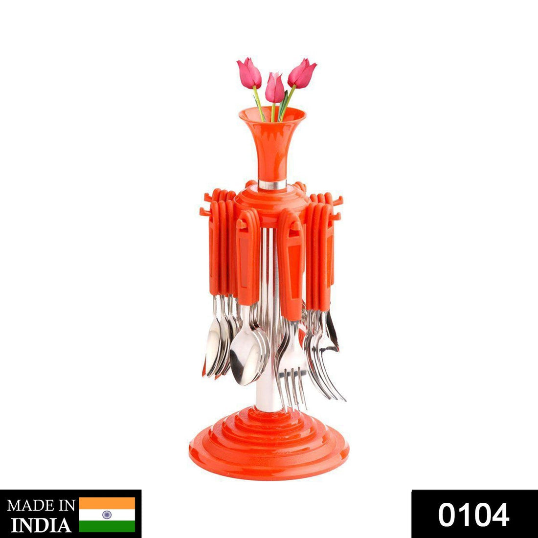 Stylish 24-piece stainless steel cutlery set with plastic handles.