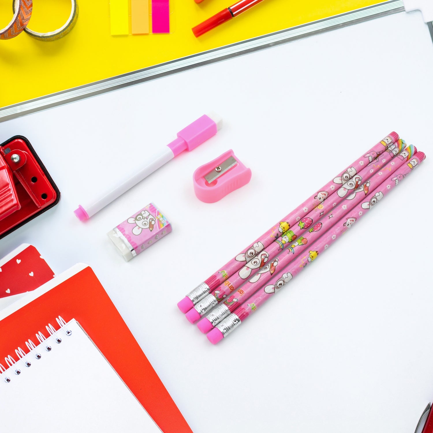 Wooden pencils and eraser set for kids, includes sharpener and diary.