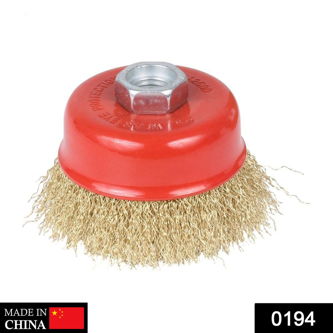 Gold wire wheel cup brush for heavy cleaning.