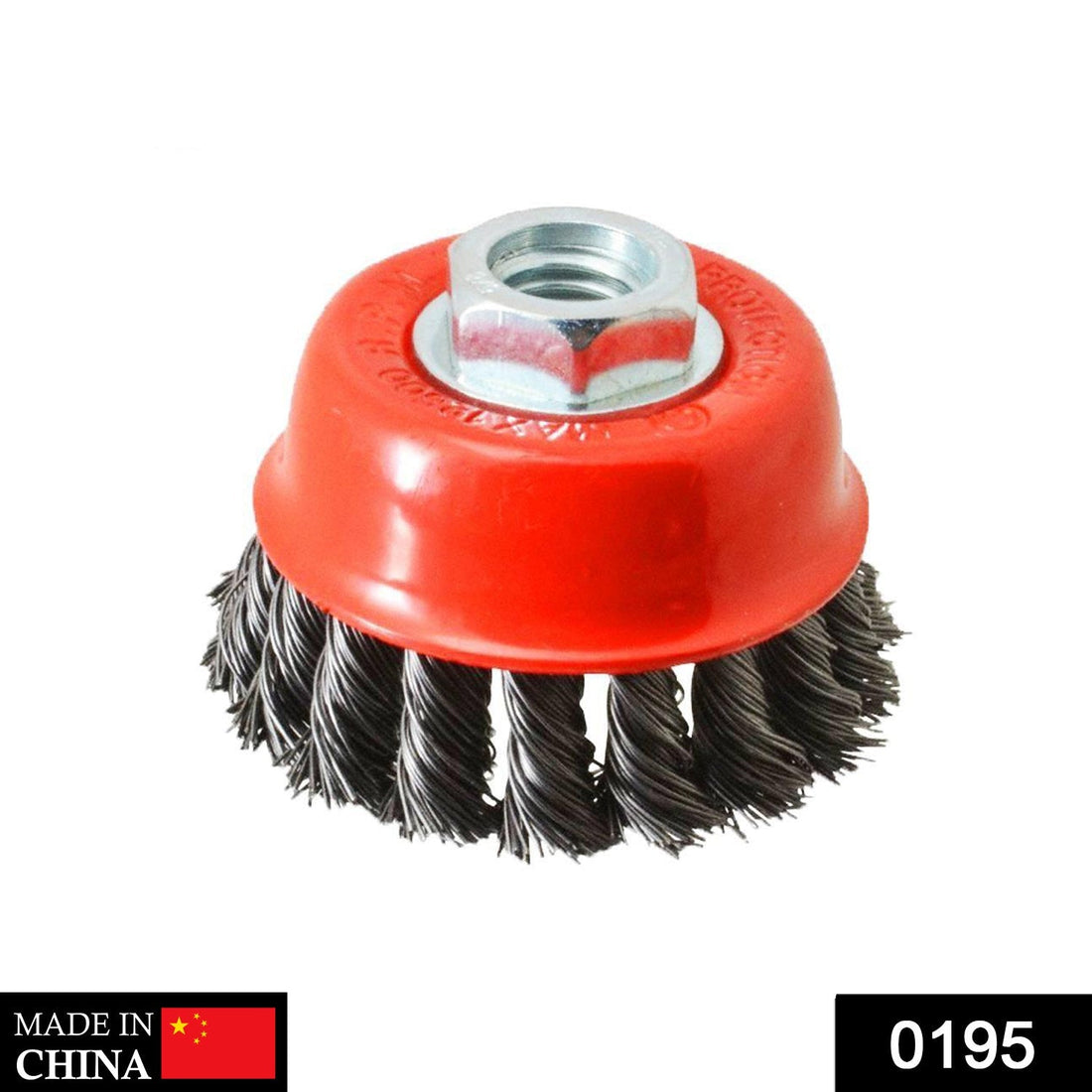 Black wire wheel cup brush for heavy-duty cleaning.