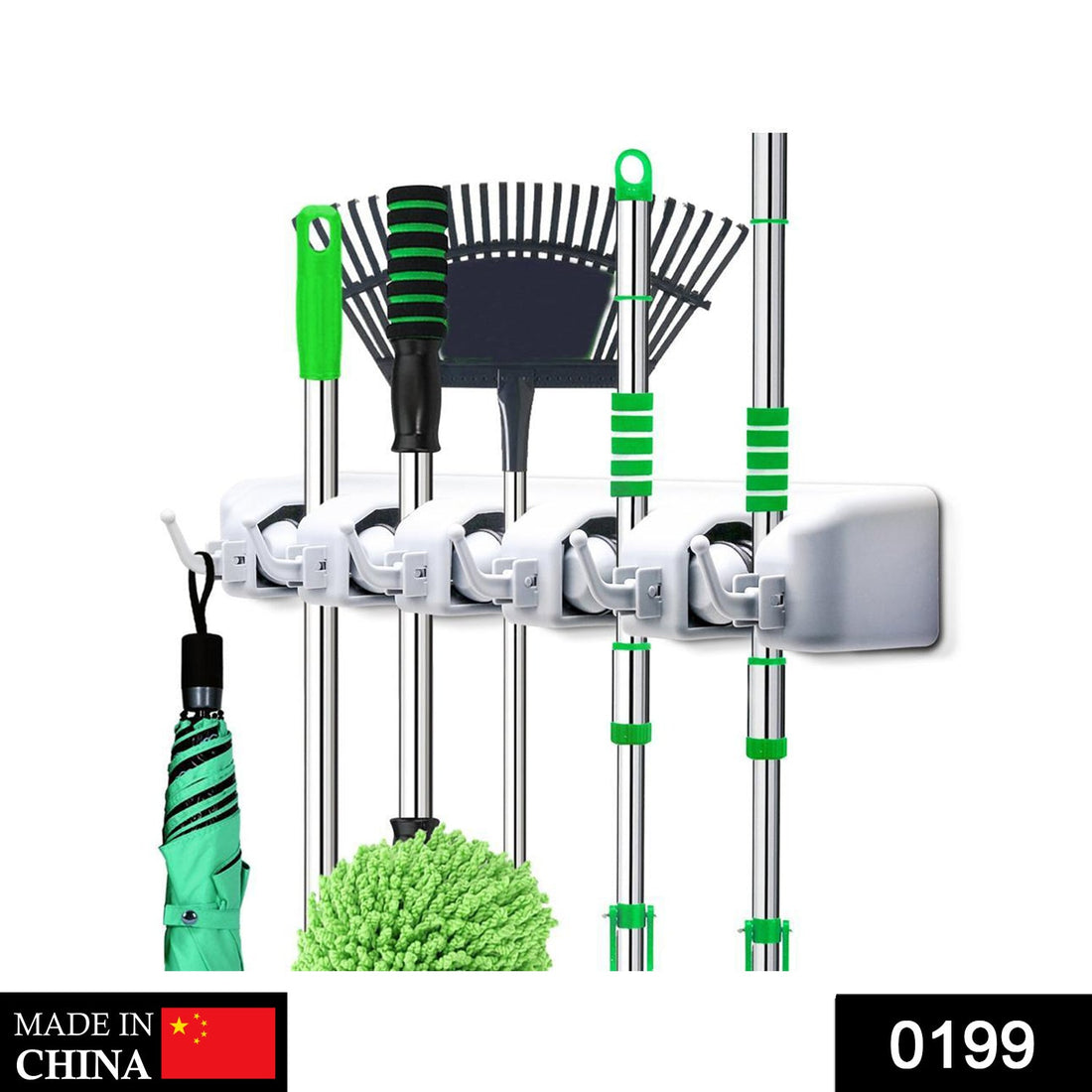 5-layer wall-mounted organizer for mops and brooms.
