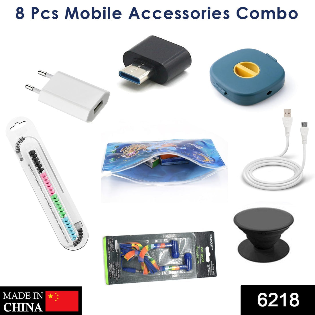 Mobile accessories combo in a zip printed pouch