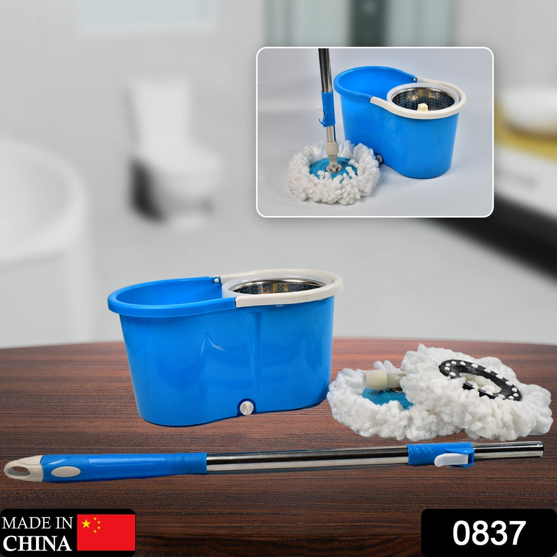 Spin mop with advanced tech bucket and rotating pole.