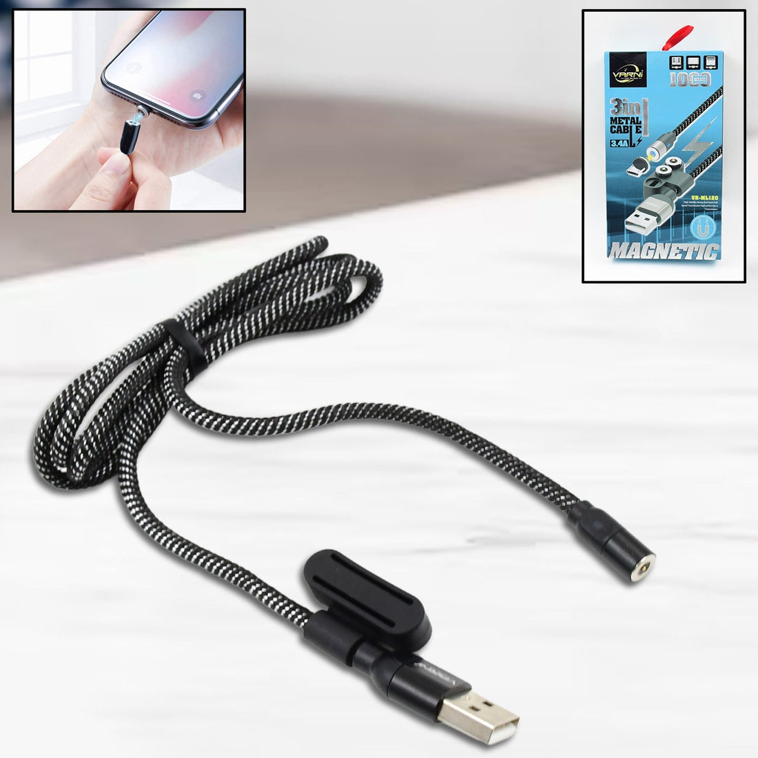 3 in 1 Magnetic USB Charging Cable | USB-c Android and Lightning with Extra Protecting Nylon| Strong Magnetic Cable with Full Rotation Support Fast Charging your brand