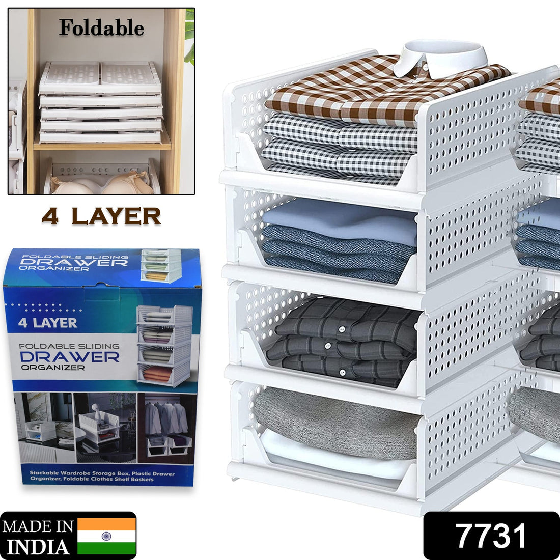 4-layer plastic drawer organizer for clothes, foldable and stackable for closet use.