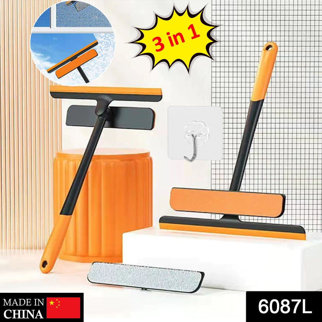 Multi-color 3-in-1 cleaning brush for windows, mirrors, and floors with rotatable design.