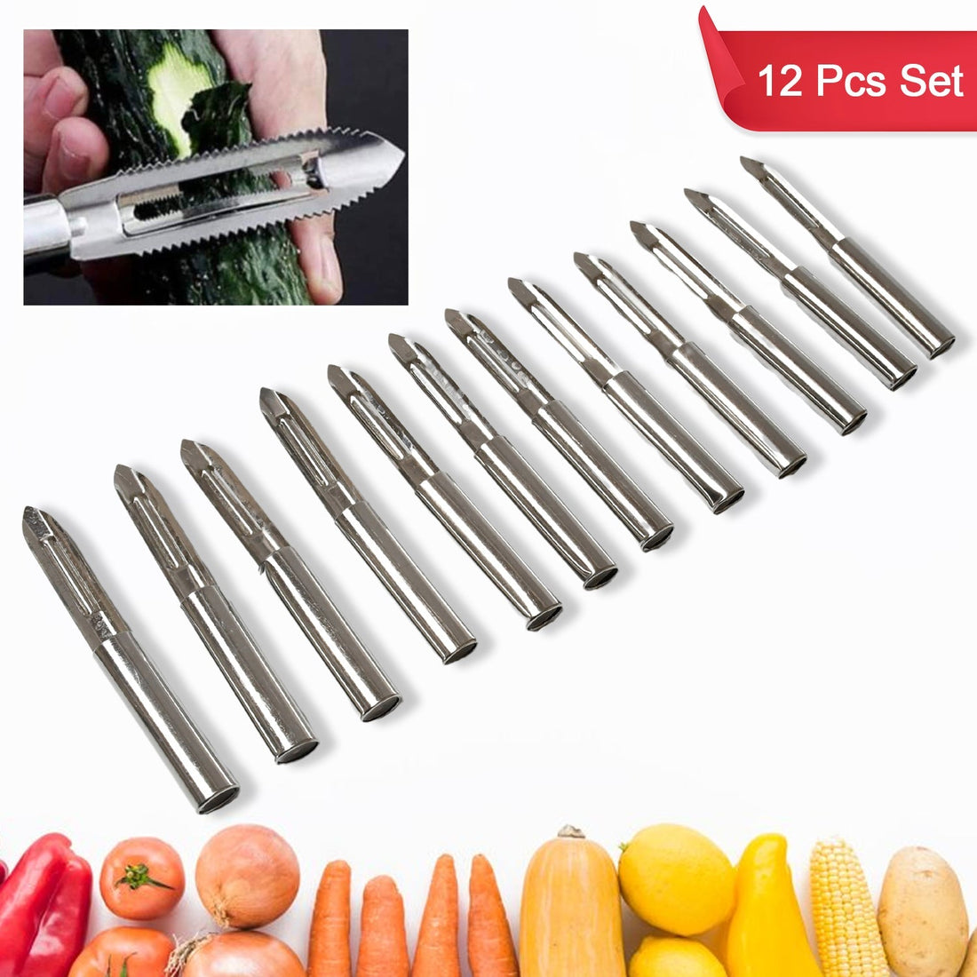Multi-Purpose Stainless Steel Peeler With Handle For Vegetables, Potato Peeler, Carrot, grated, Suitable for Peeling and shredding Fruit and Vegetables Kitchen Accessories, Piller (12 Pcs Set)  your brand
