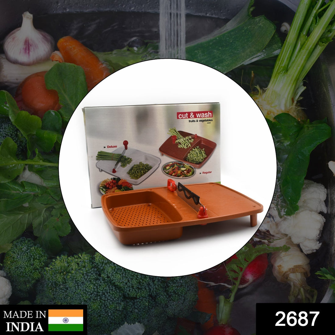 Cut and wash box with tray, for washing and cutting fruits and vegetables.