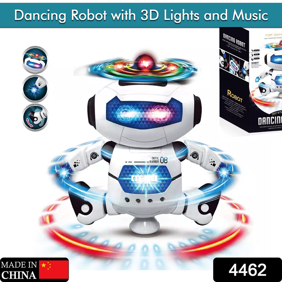 Dancing robot with 3D lights and music.