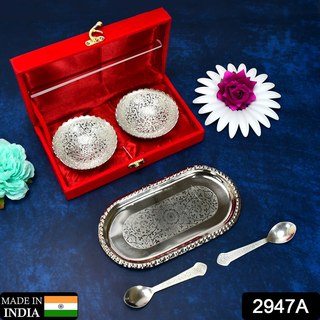Silver plated tray set with bowls and spoons.