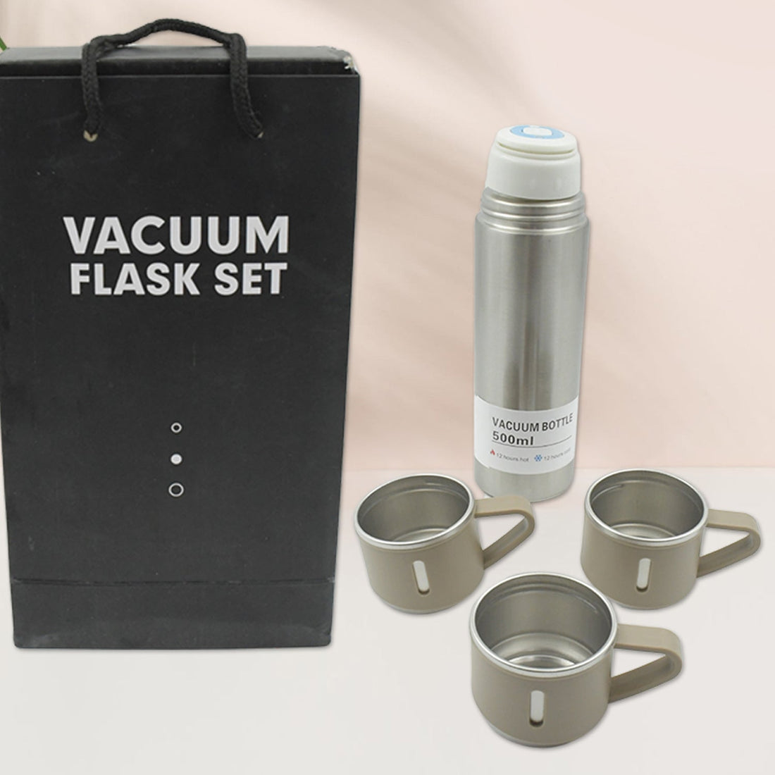 Stainless Steel Vacuum Flask Set with 3 Steel Cups Combo for Coffee Hot Drink and Cold Water Flask Ideal Gifting Travel Friendly Latest Flask Bottle. (500ml) your brand