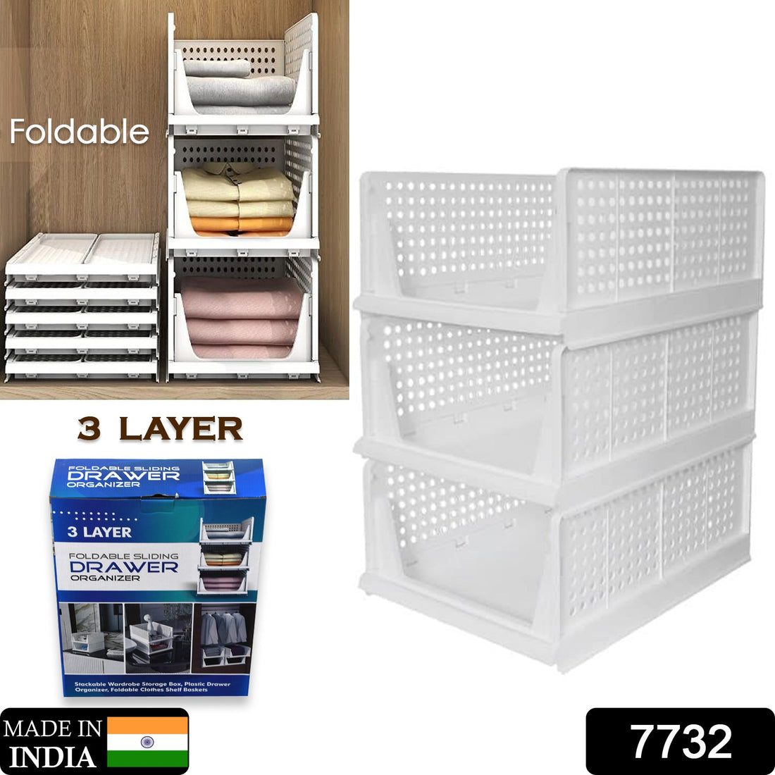 3-layer clothes organizer, foldable and stackable for efficient wardrobe storage.