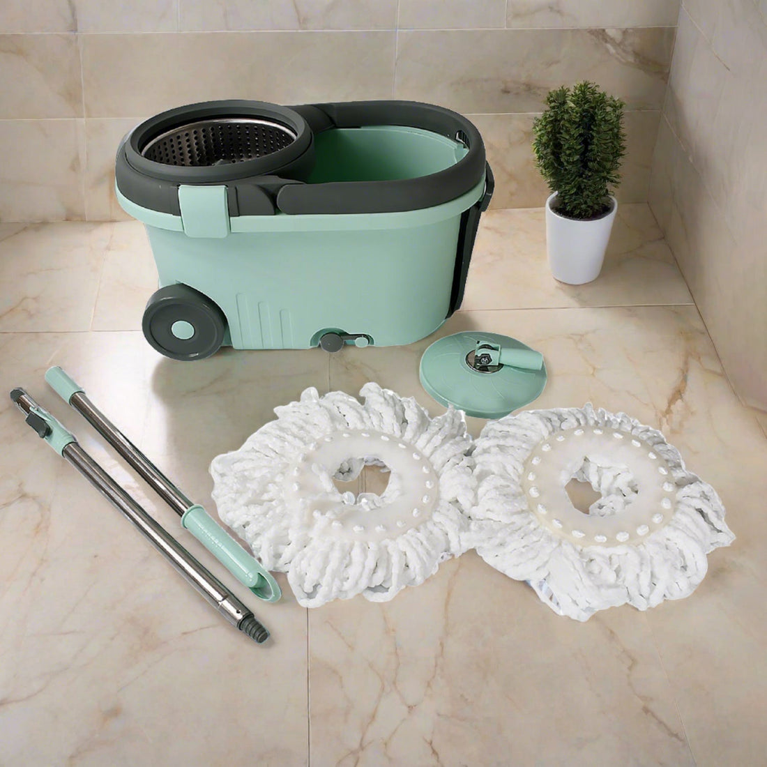 Ganesh Quick Spin Mop Steel Spin, Bucket Floor Cleaning, Easy Wheels & Big Bucket, Floor Cleaning Mop With Bucket, 2 Micro fiber head / Refill - Shopmania Wholesale