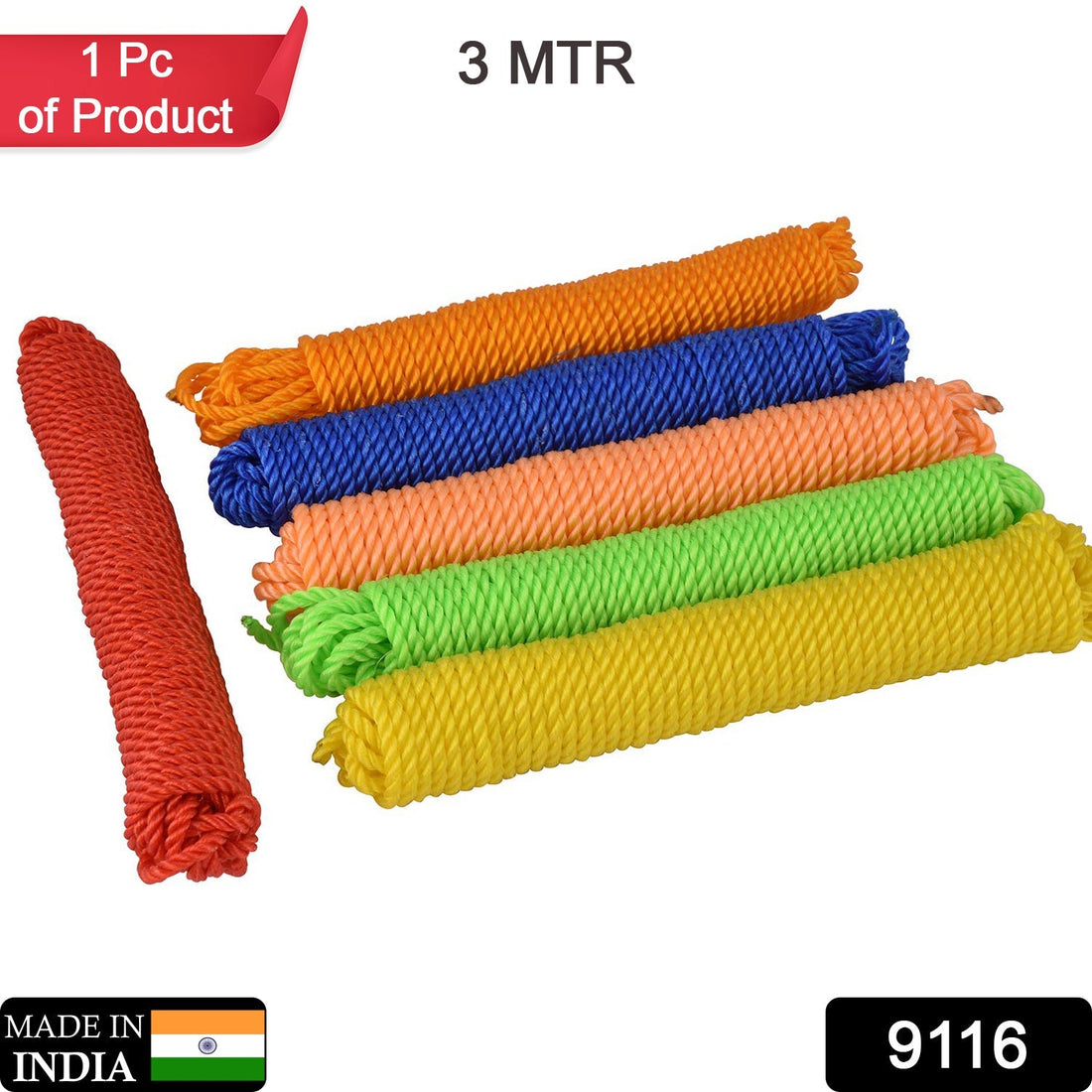 Heavy duty laundry drying rope in mixed colors, 3 meters long.