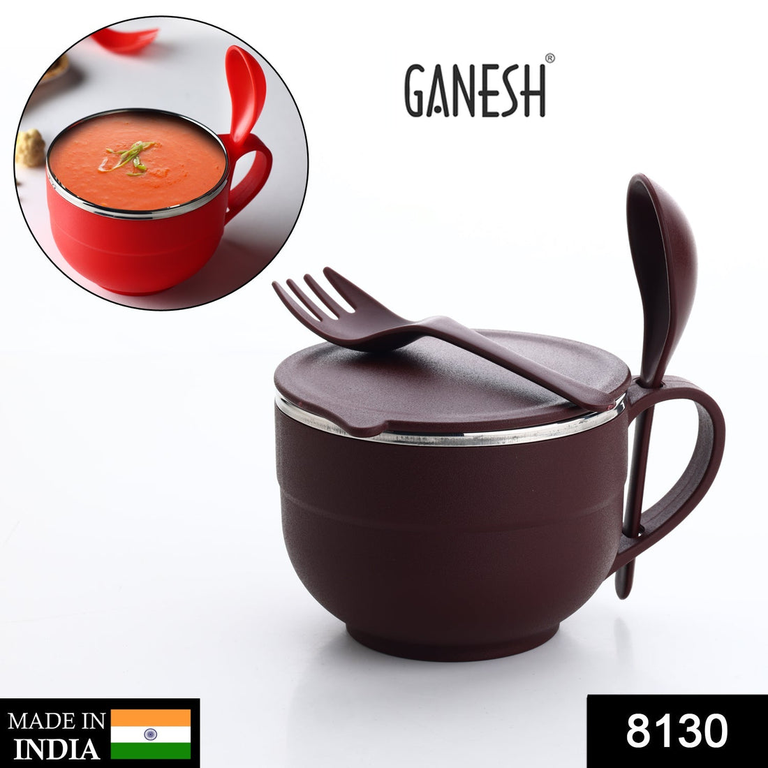 Stainless steel bowl with spoon and fork for noodles and soup