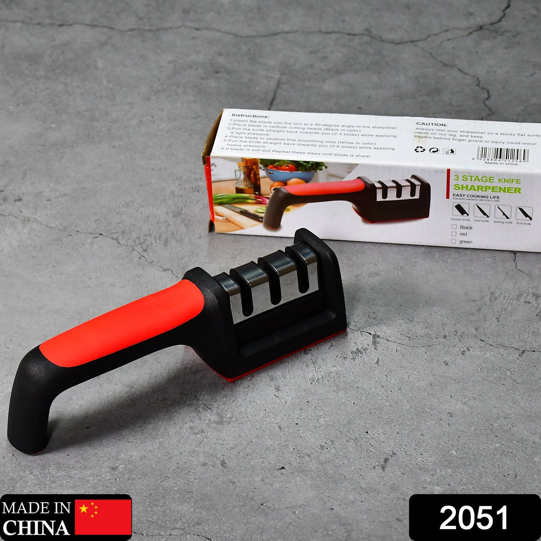 Red 3-stage knife sharpener for ceramic and steel knives