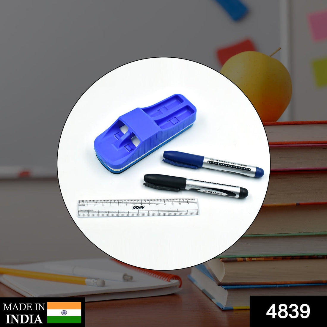 Ruler, duster, and marker set for studying.