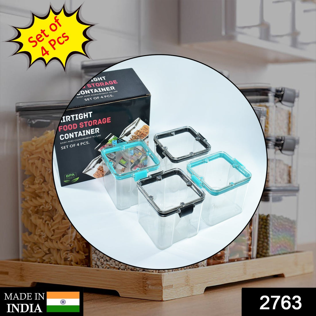 Set of four 700ml square containers, ideal for storing various food items.