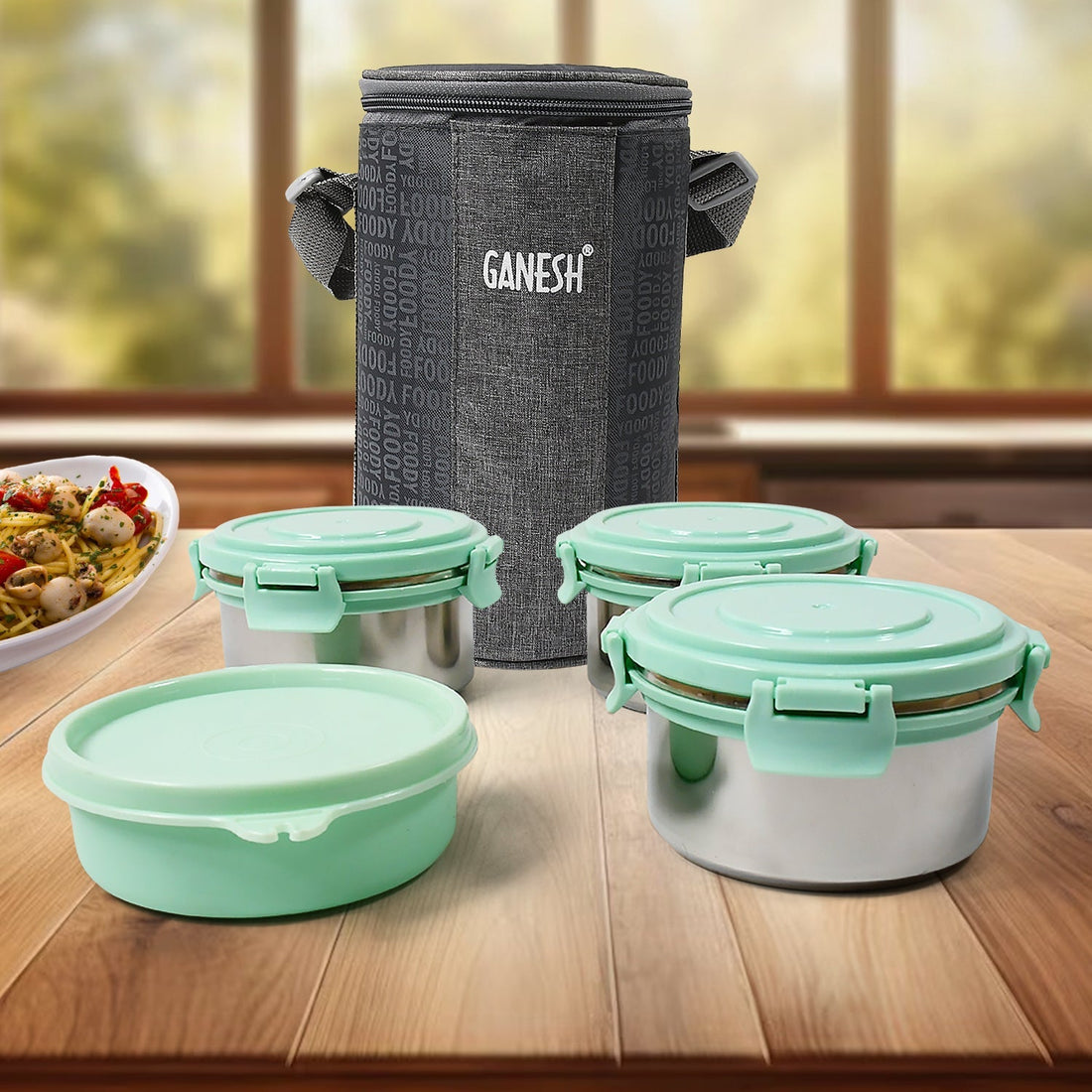 Ganesh 4In1 Tiffin Box-Lunch Box | 3 Stainless Steel Containers 300 Ml Approx & Plastic Salad Container 200 Ml Approx| Plastic lid Box | Round Zip Bag | Leak Proof | Microwave Safe for Office, College and School for Men, Women  your brand
