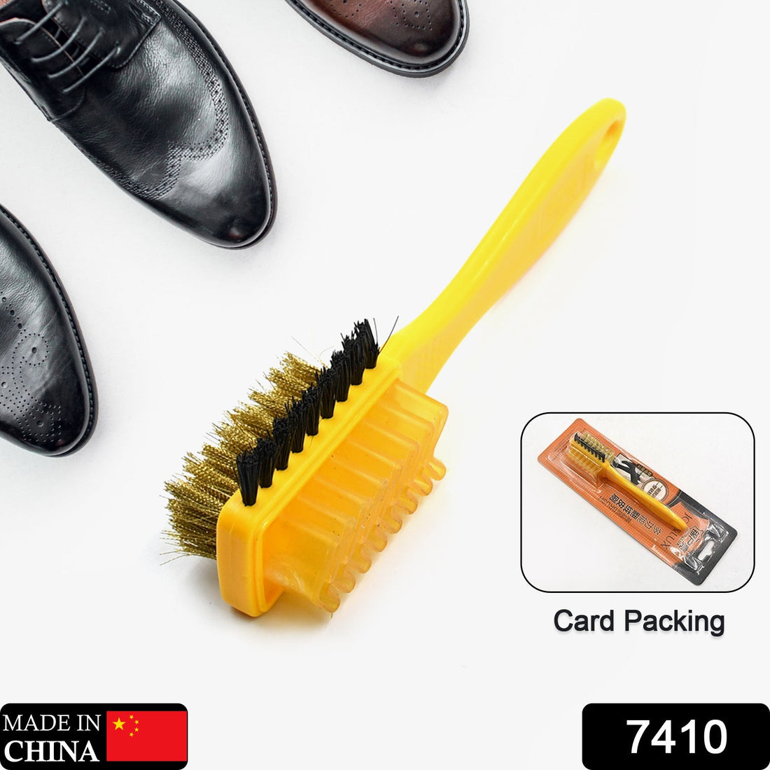 Portable 3-side shoe brush for cleaning suede and rubber shoes, multifunctional and durable.