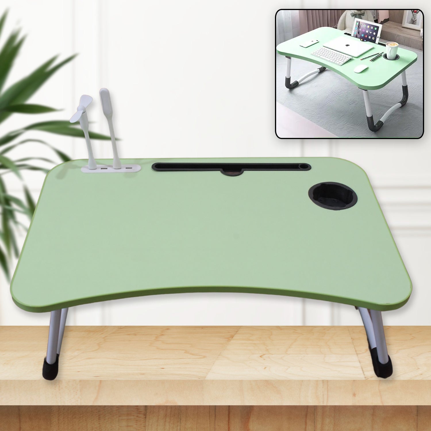MultiPurpose Study Table Foldable Portable Notebook Bed Lap Desk Tray Stand Reading Holder with Coffee Cup Slot, Drawer, Fan, USB Cable & Light for Breakfast, Reading & Movie Watching (1 Pc Mix Color) your brand