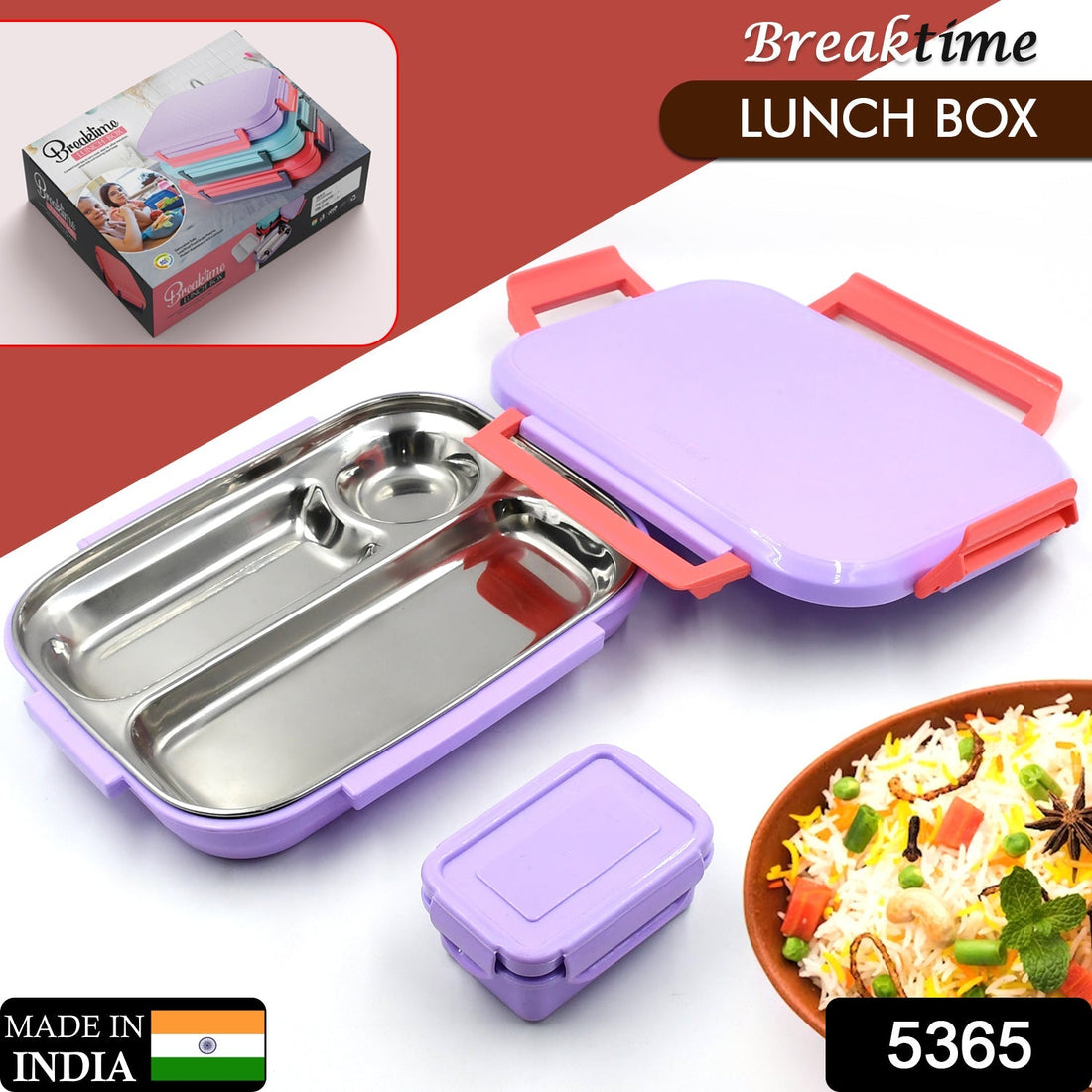 Small kids lunch box, pink plastic with steel plate, for school.