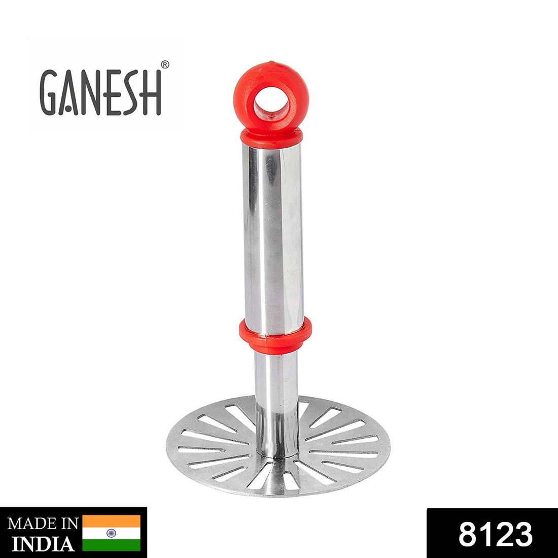Ganesh potato/pav bhaji masher with plastic handle, silver and plastic, oval shape.
