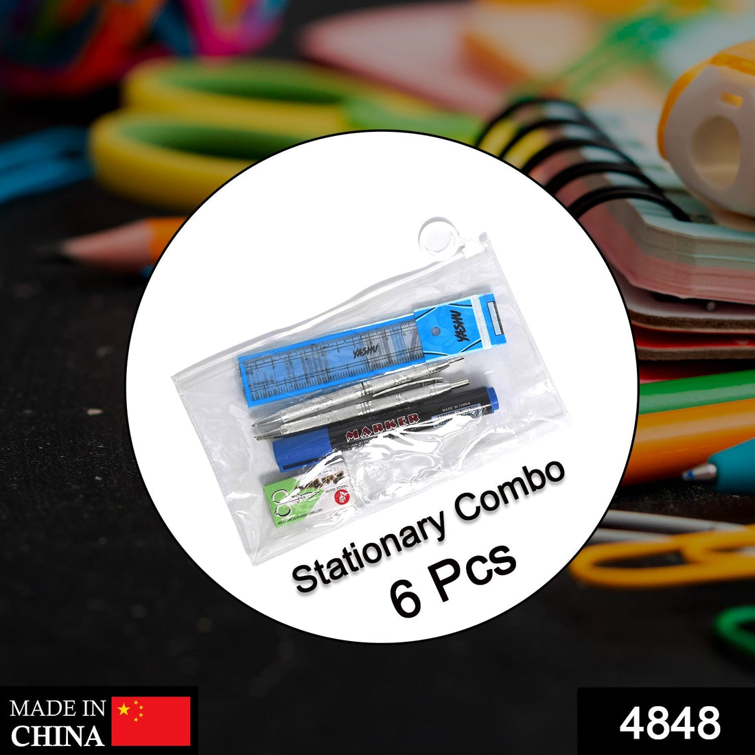 Zipper pouch set with scissors, ruler, pen, and marker