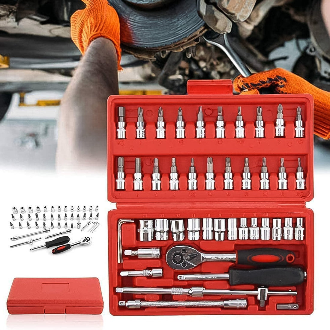 Socket 1 / 4 Inch Combination Repair Tool Kit (Red, 46 pcs) - Shopmania Wholesale