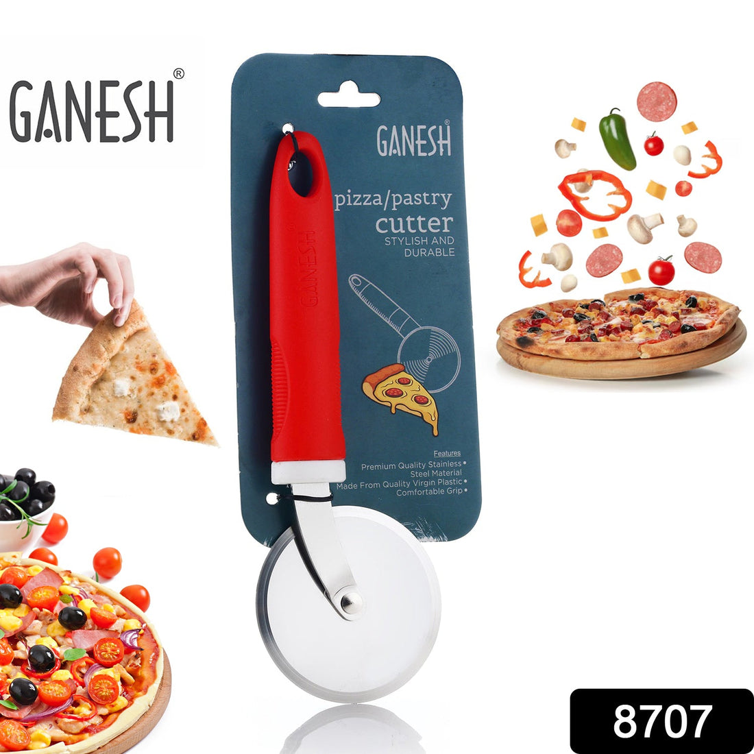 Ganesh pizza cutter wheel, stainless steel, close-up view.