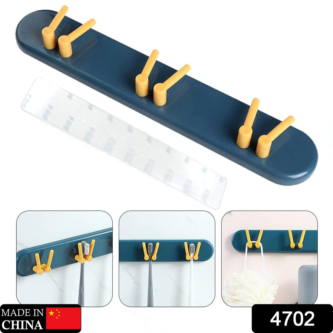 Wall-mounted toothbrush holder with shelves and hooks for bathroom organization.