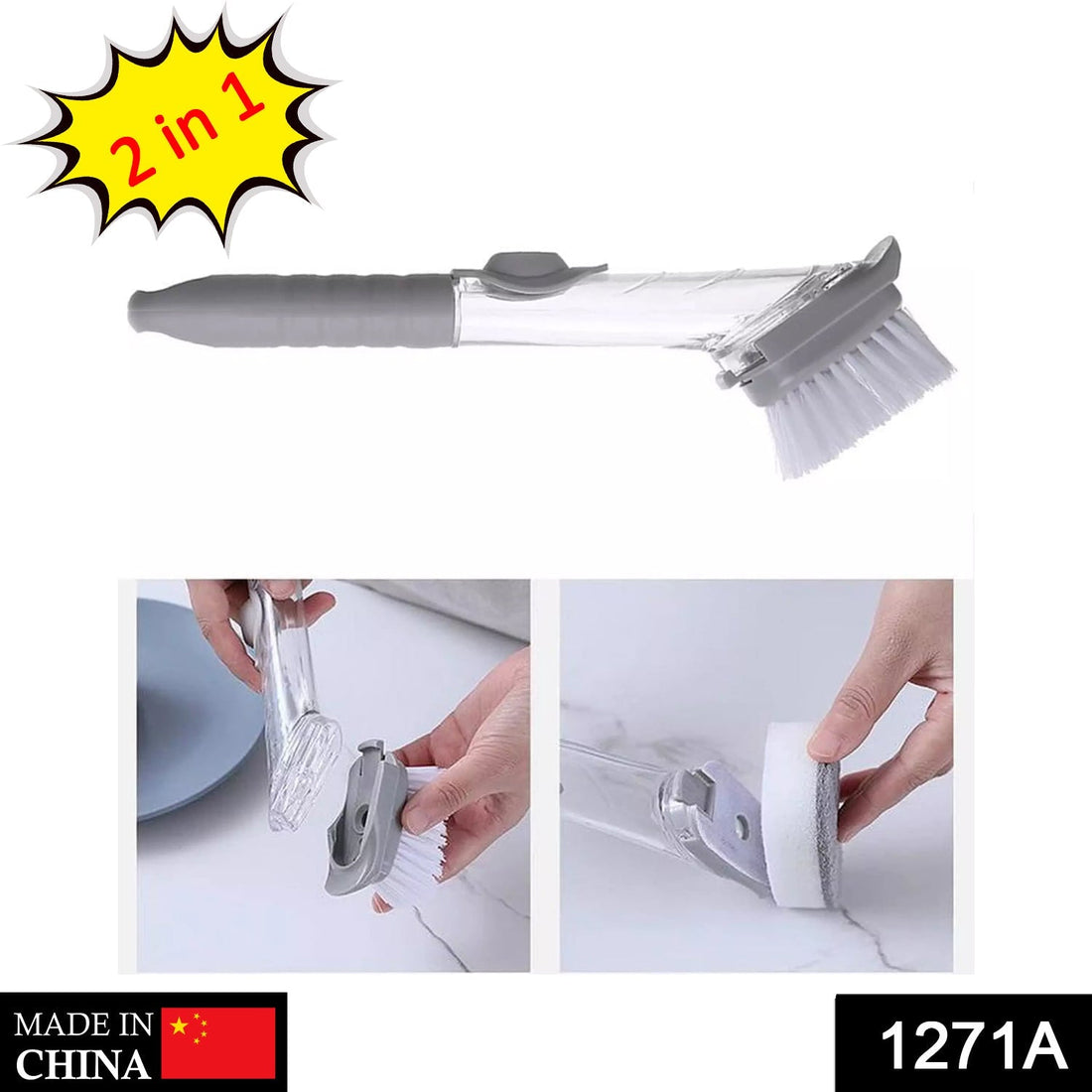 Dishwashing brush with long handle for cleaning pots and dishes.