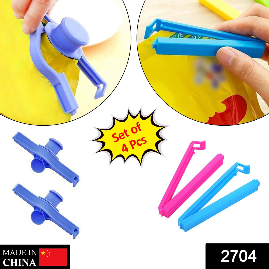 Food sealing clip set for keeping packaged food fresh at home and office.