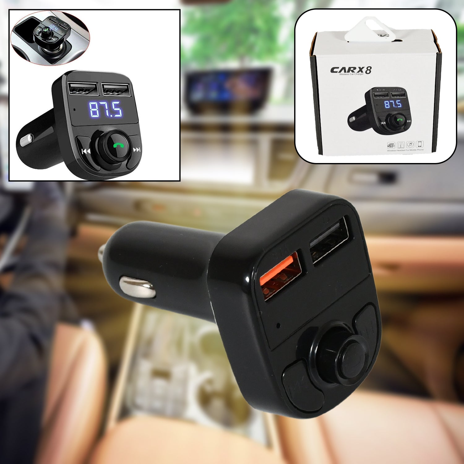 CAR-X8 Bluetooth FM Transmitter Kit for Hands-Free Call Receiver / Music Player / Call Receiver / Fast Mobile Charger Ports for All Smartphones with 3.1A Quick Charge Dual USB Car Charger your brand